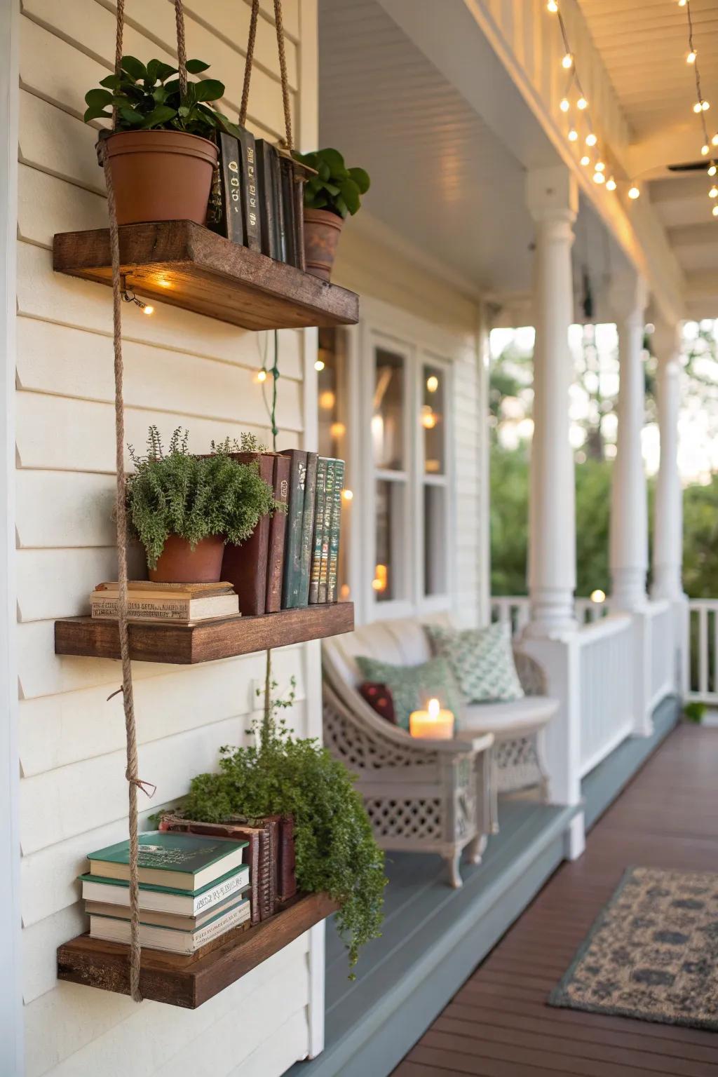 Floating shelves adorned with books and greenery personalize the porch.
