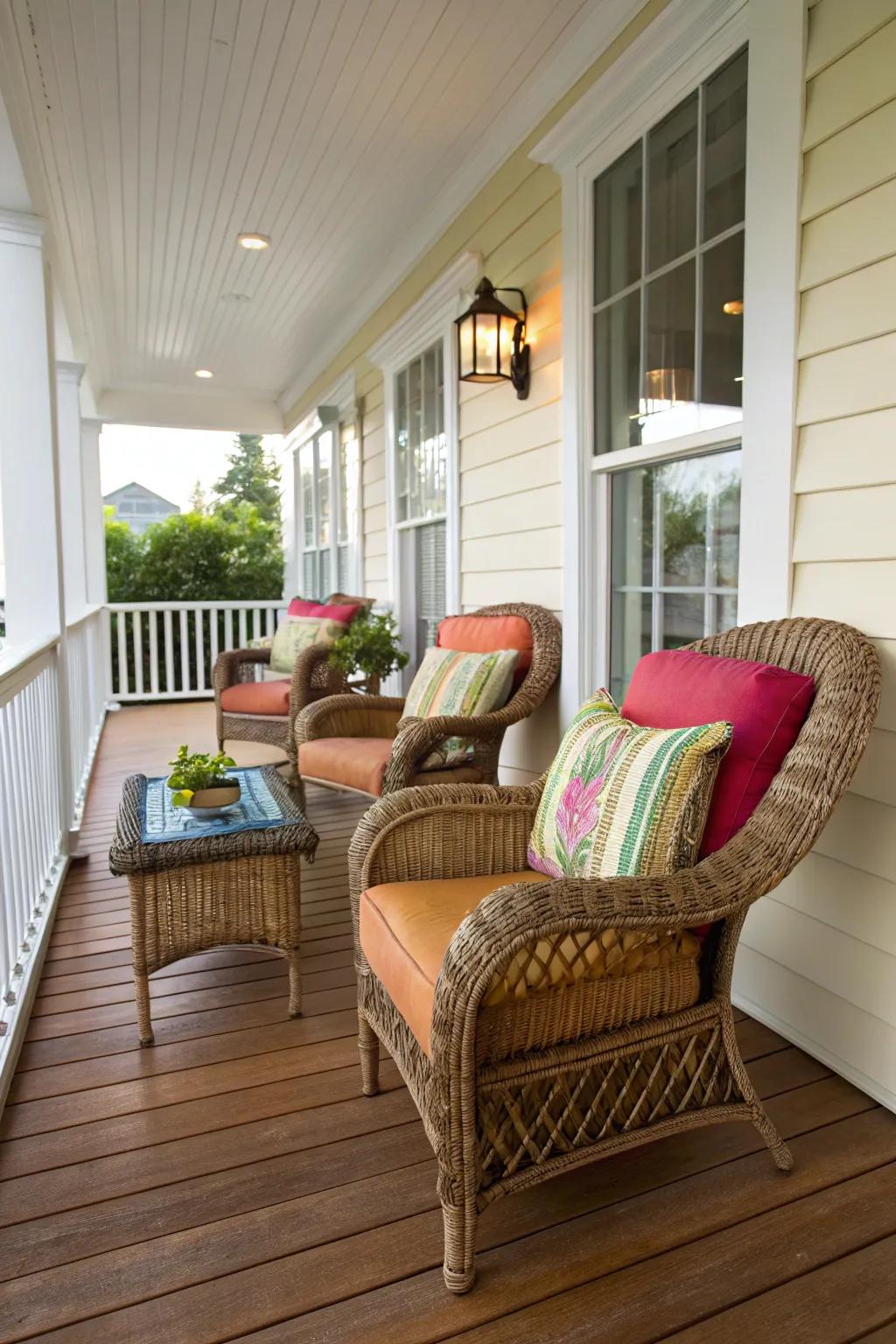 Timeless wicker furnishings offering both coziness and style.