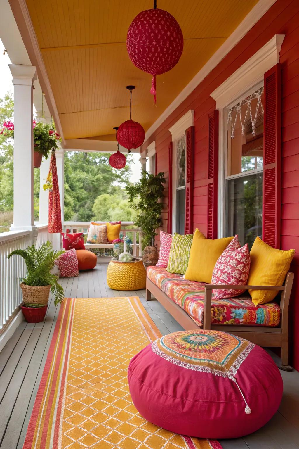 Bright accent pillows enliven porch furniture with vivid color.