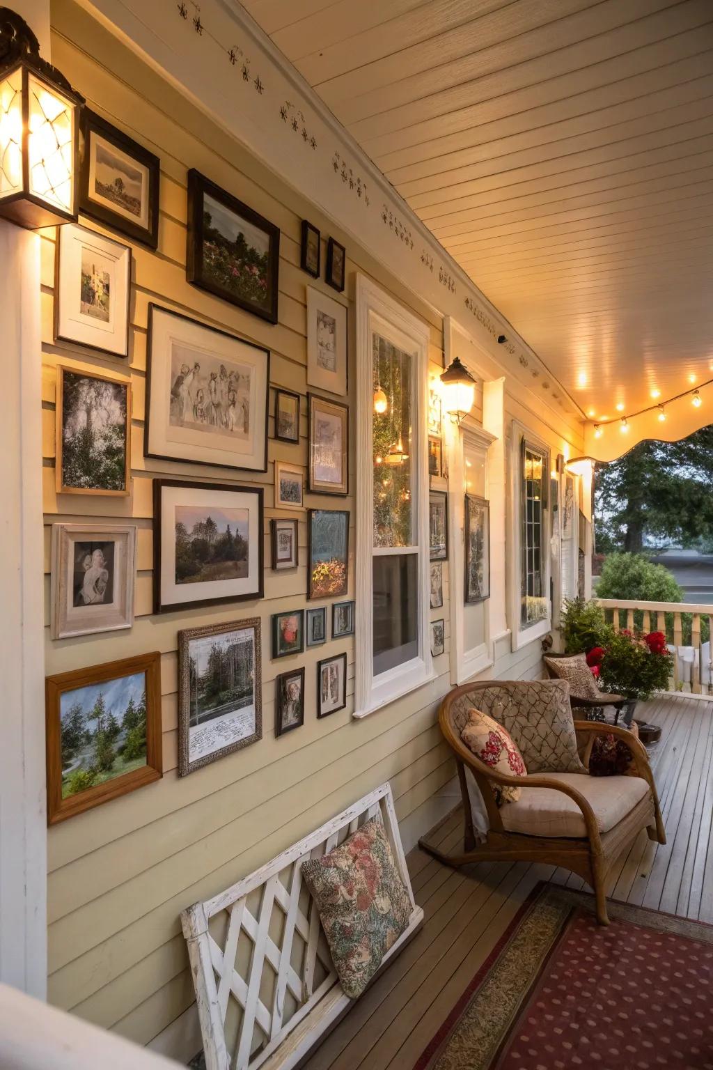 Personalized gallery wall featuring photographs and artwork adds character.