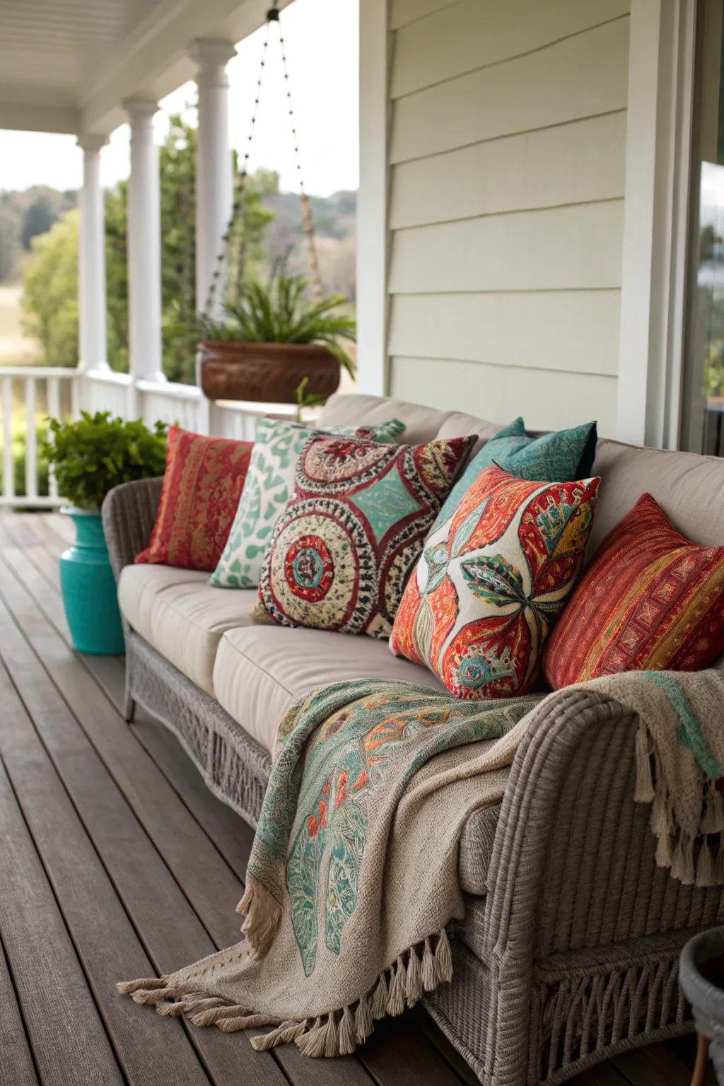 Comfortable sofa adorned with mixed patterned cushions and throws.