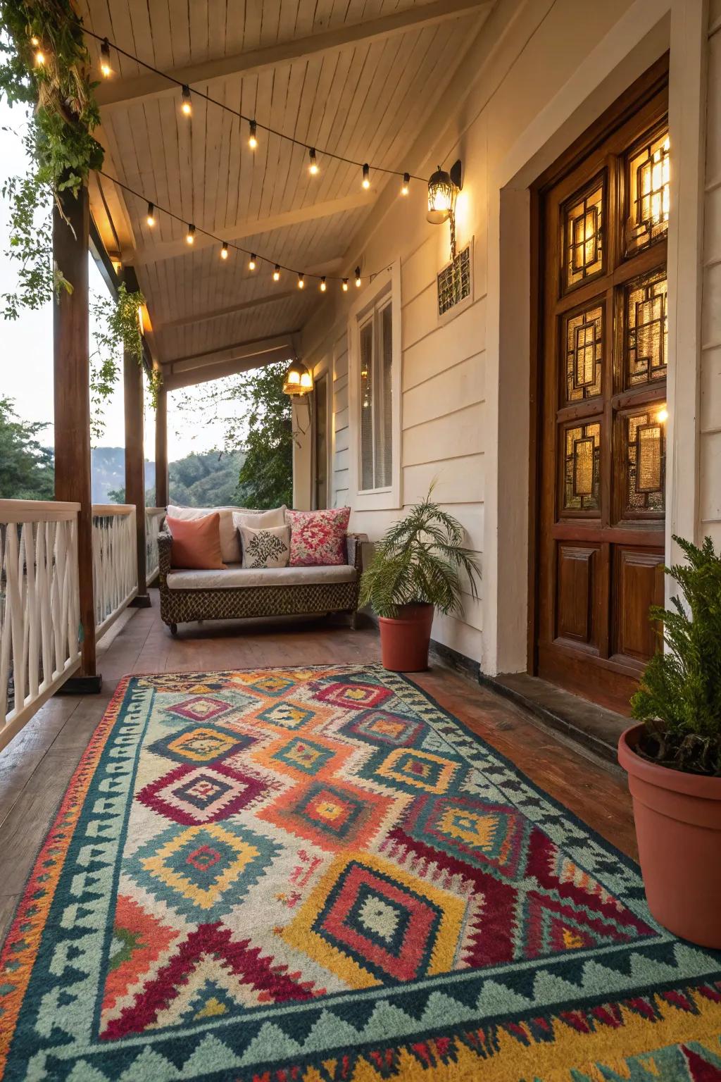 Area rug adding warmth and defining porch seating zones.