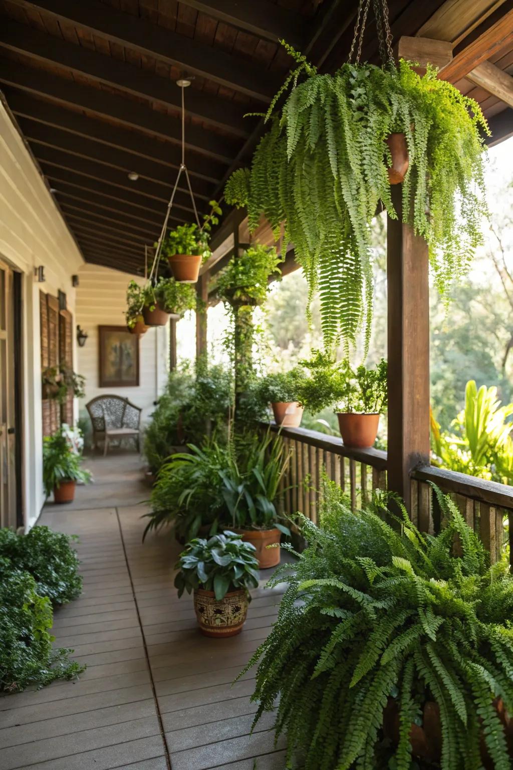 Indoor plants infuse freshness and natural warmth into the porch.