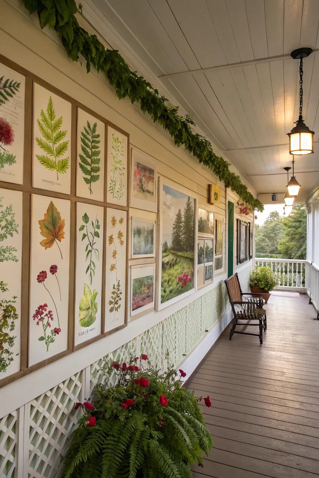 Nature-inspired botanical art creates a serene porch environment.