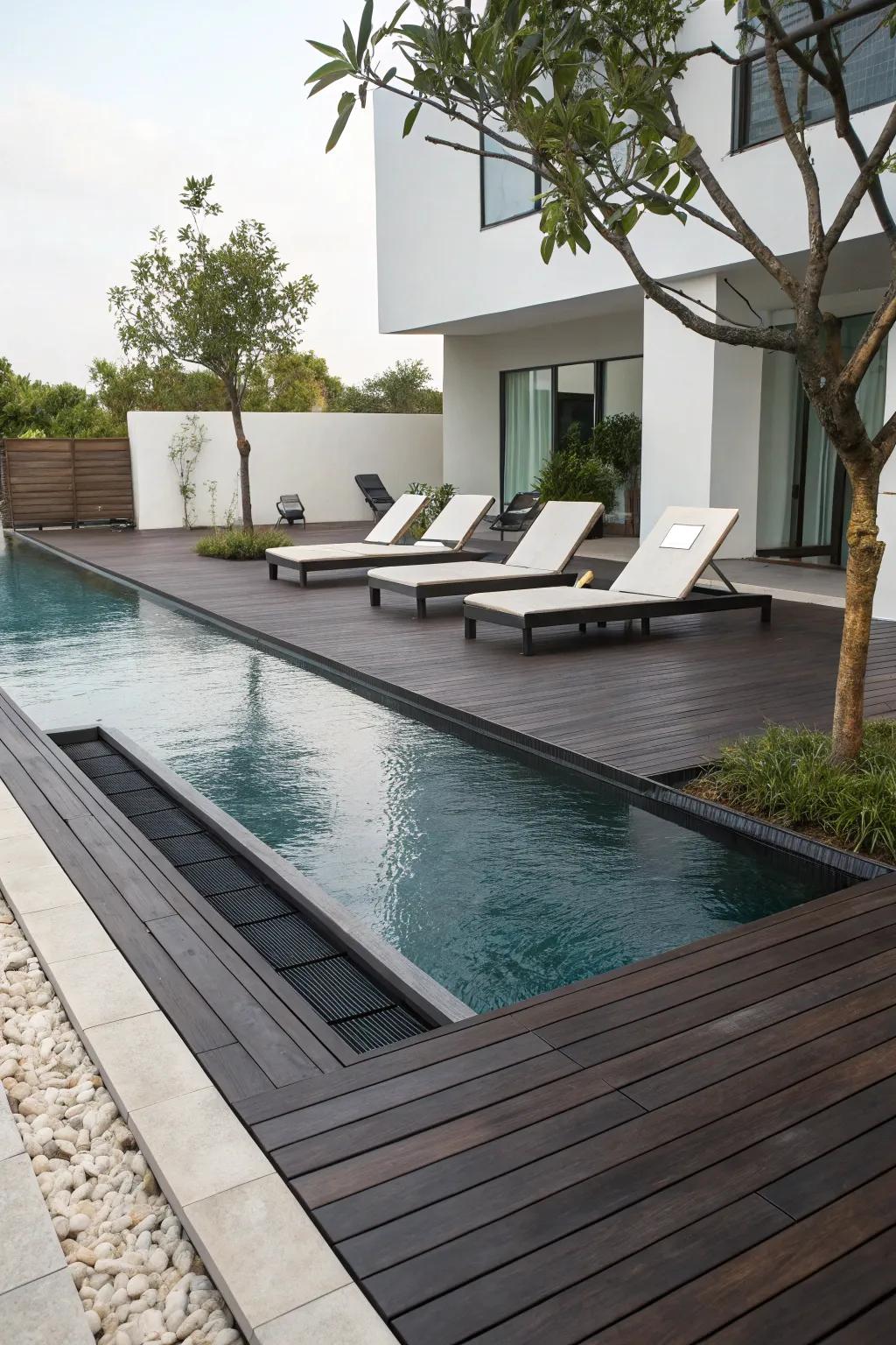 Dark wood decking enhances modern poolside aesthetics.