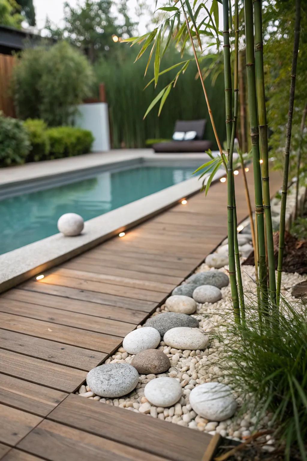 Zen elements create a tranquil retreat by the pool.