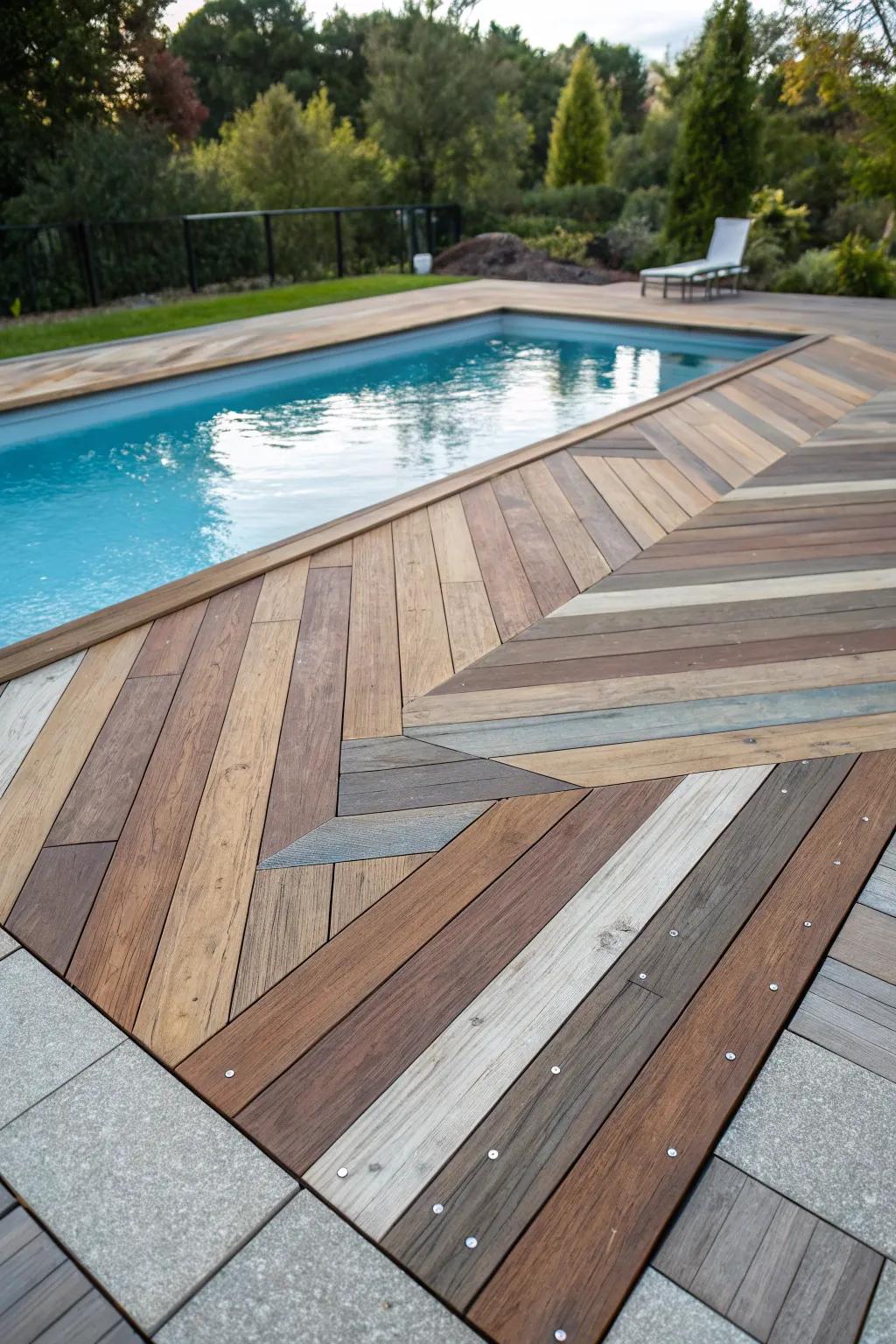 Mixed wood patterns create a unique and vibrant pool deck.