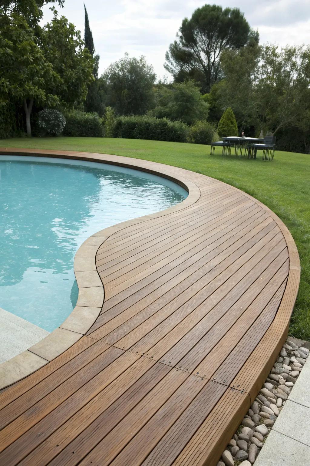 Curved wood decking adds elegance and flow.