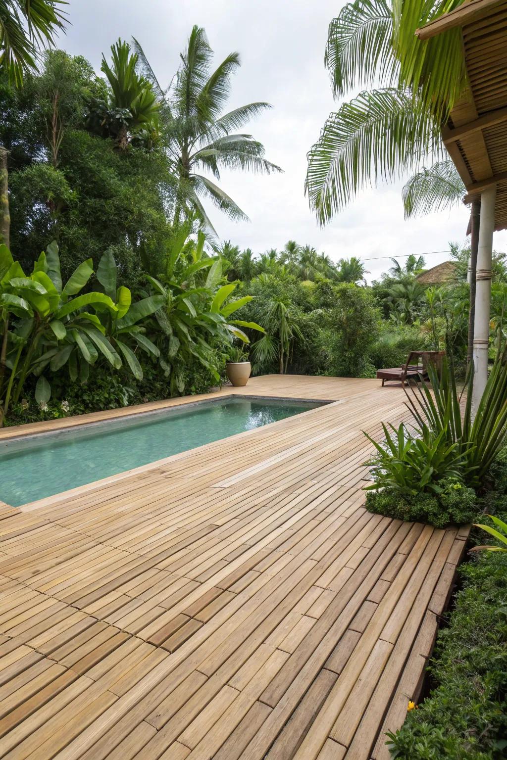Bamboo decking adds eco-friendly tropical charm.