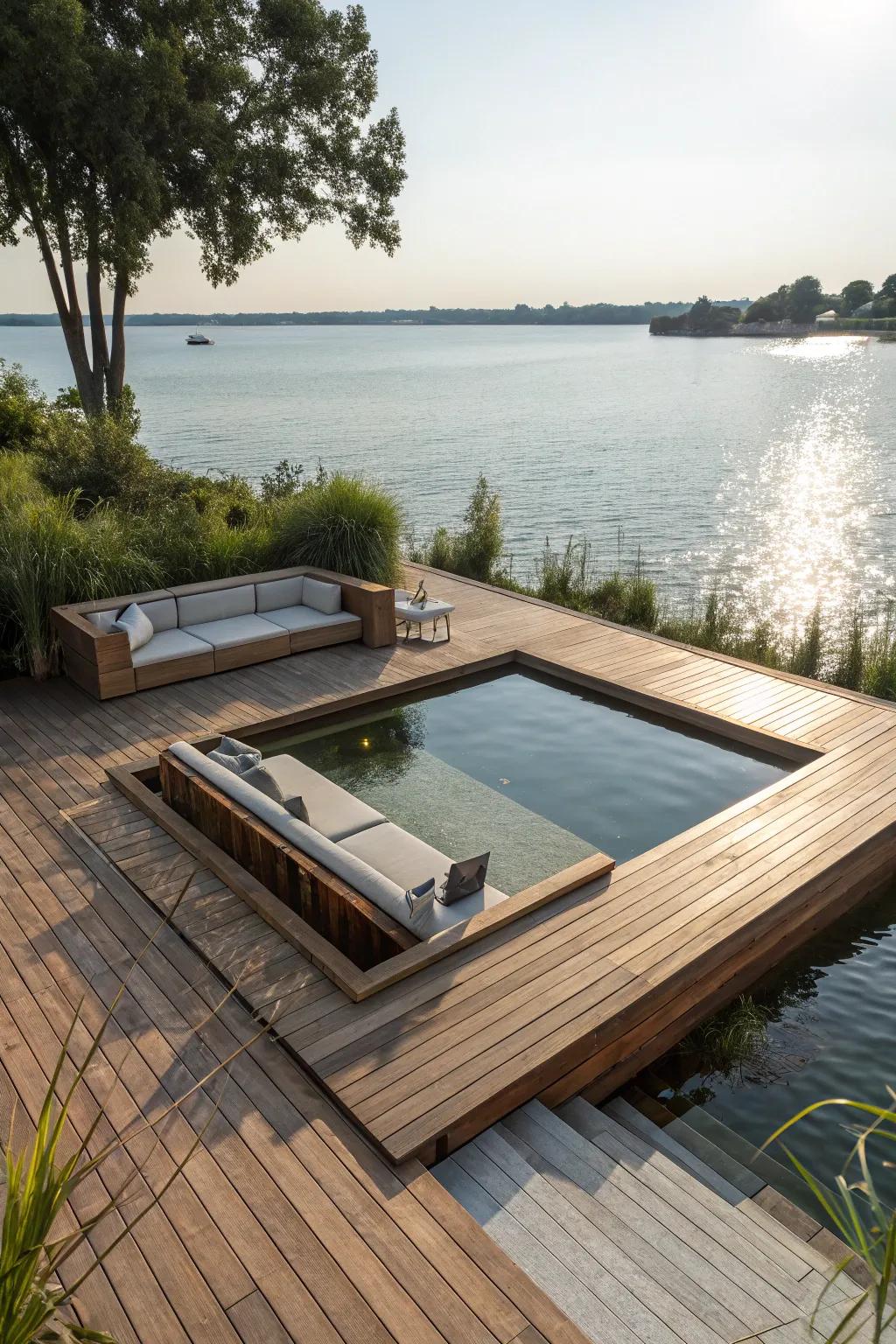 Sunken seating transforms decks into intimate oases.
