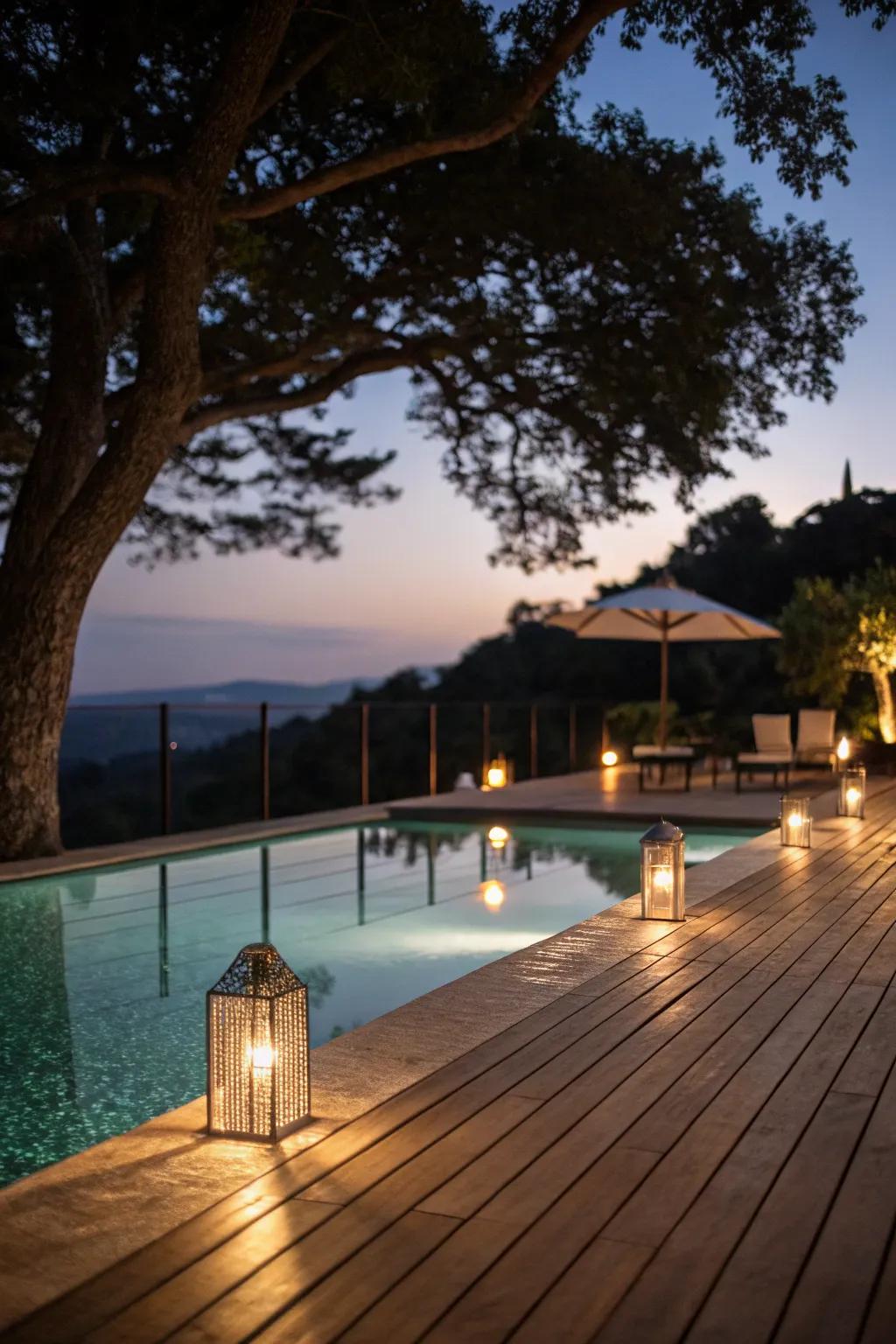 Deck lighting creates enchanting evening atmospheres.