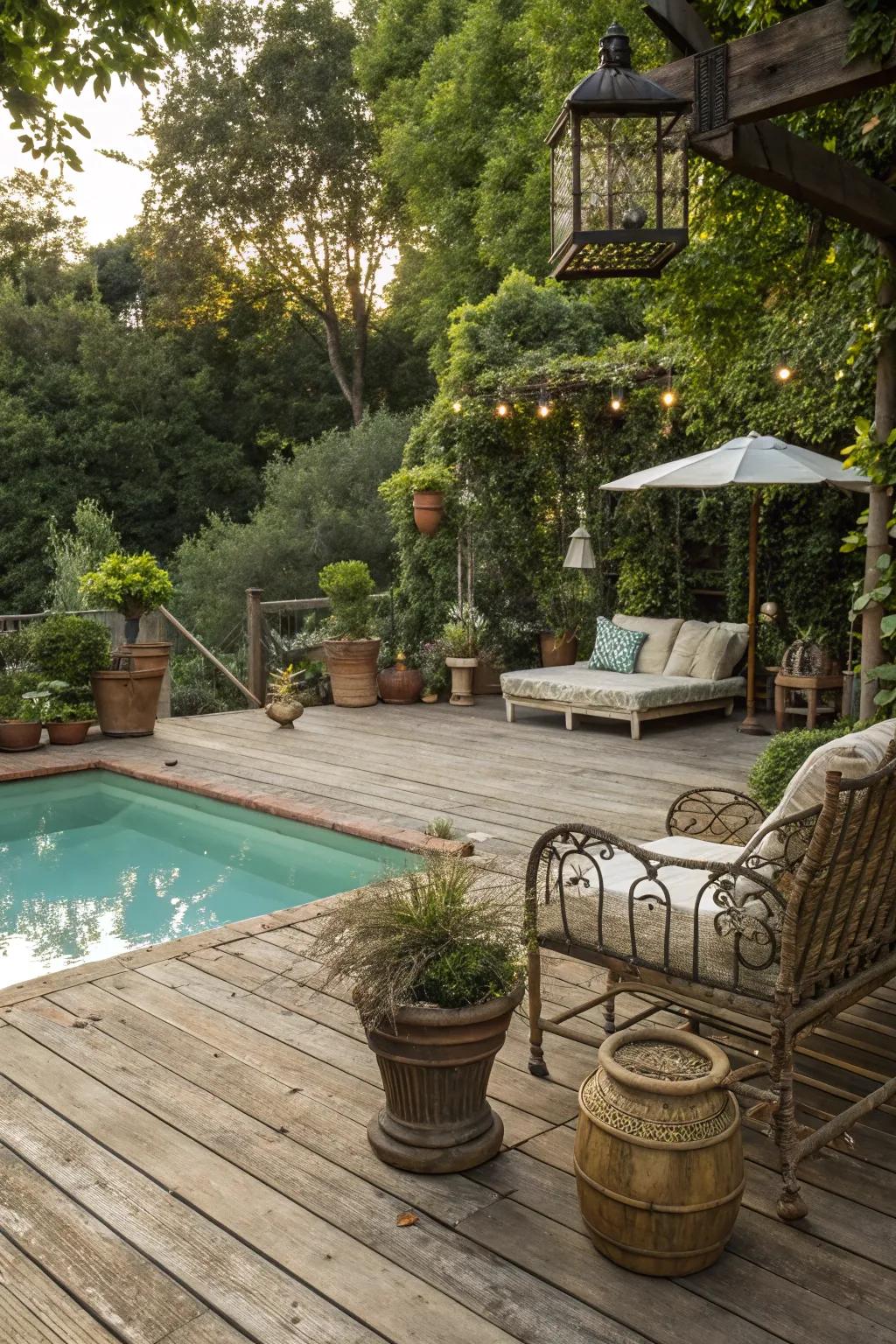 Distressed wood decking offers vintage allure.