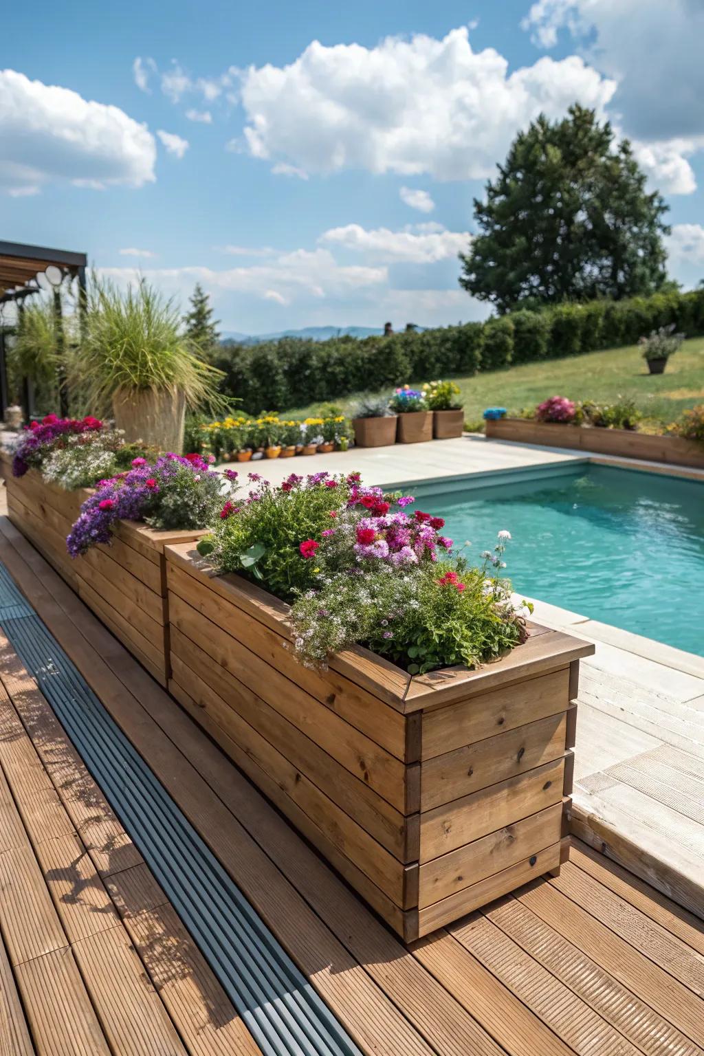 Planter boxes on decking bring nature closer to your pool.