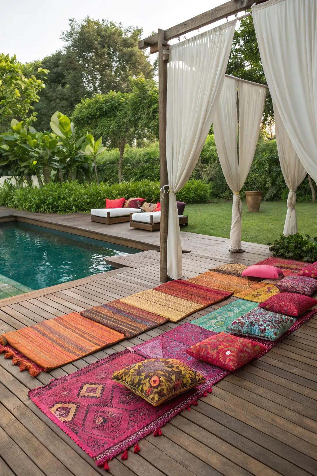 Colorful rugs add bohemian warmth and style.