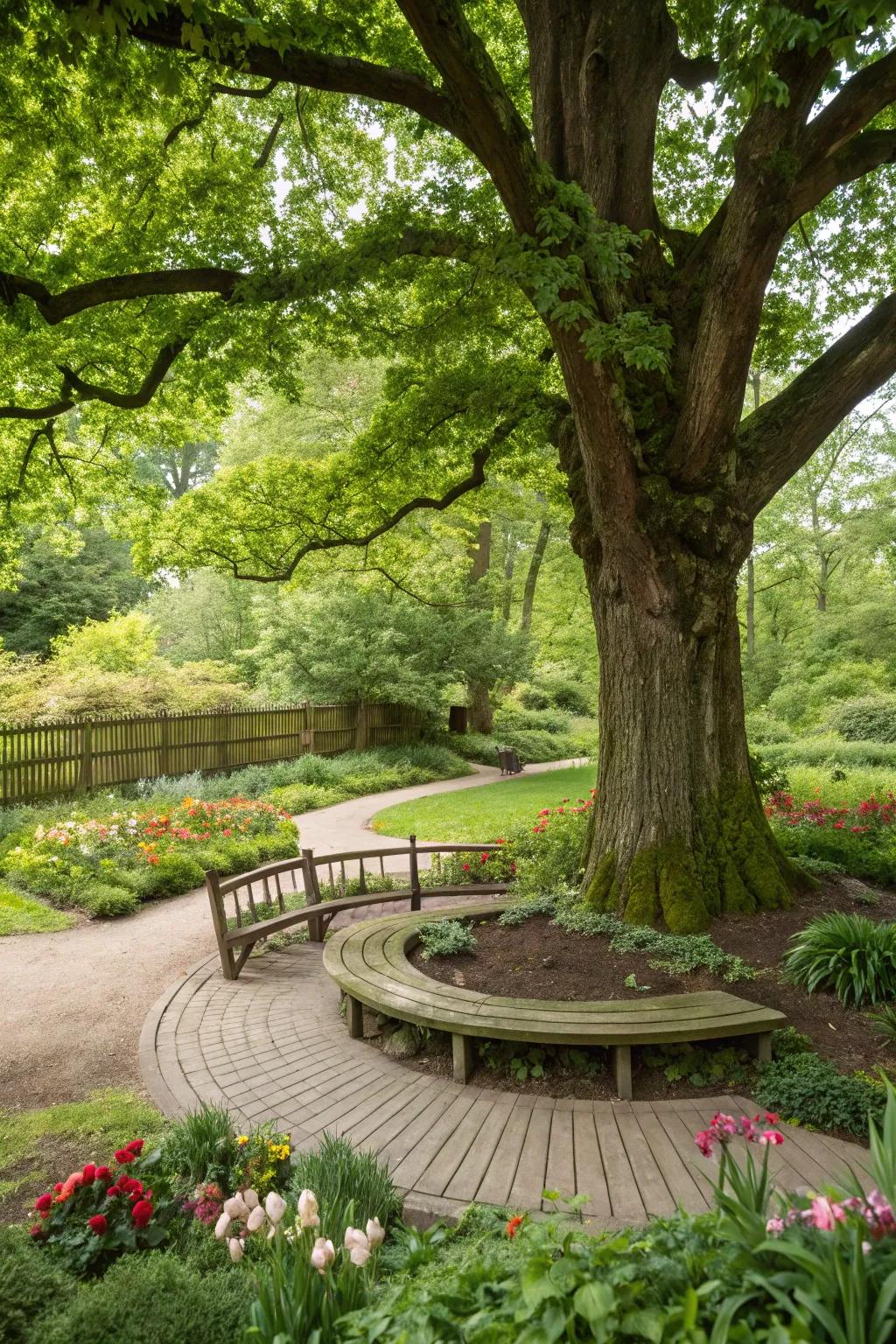 A tree bench offers a cool, shaded retreat.
