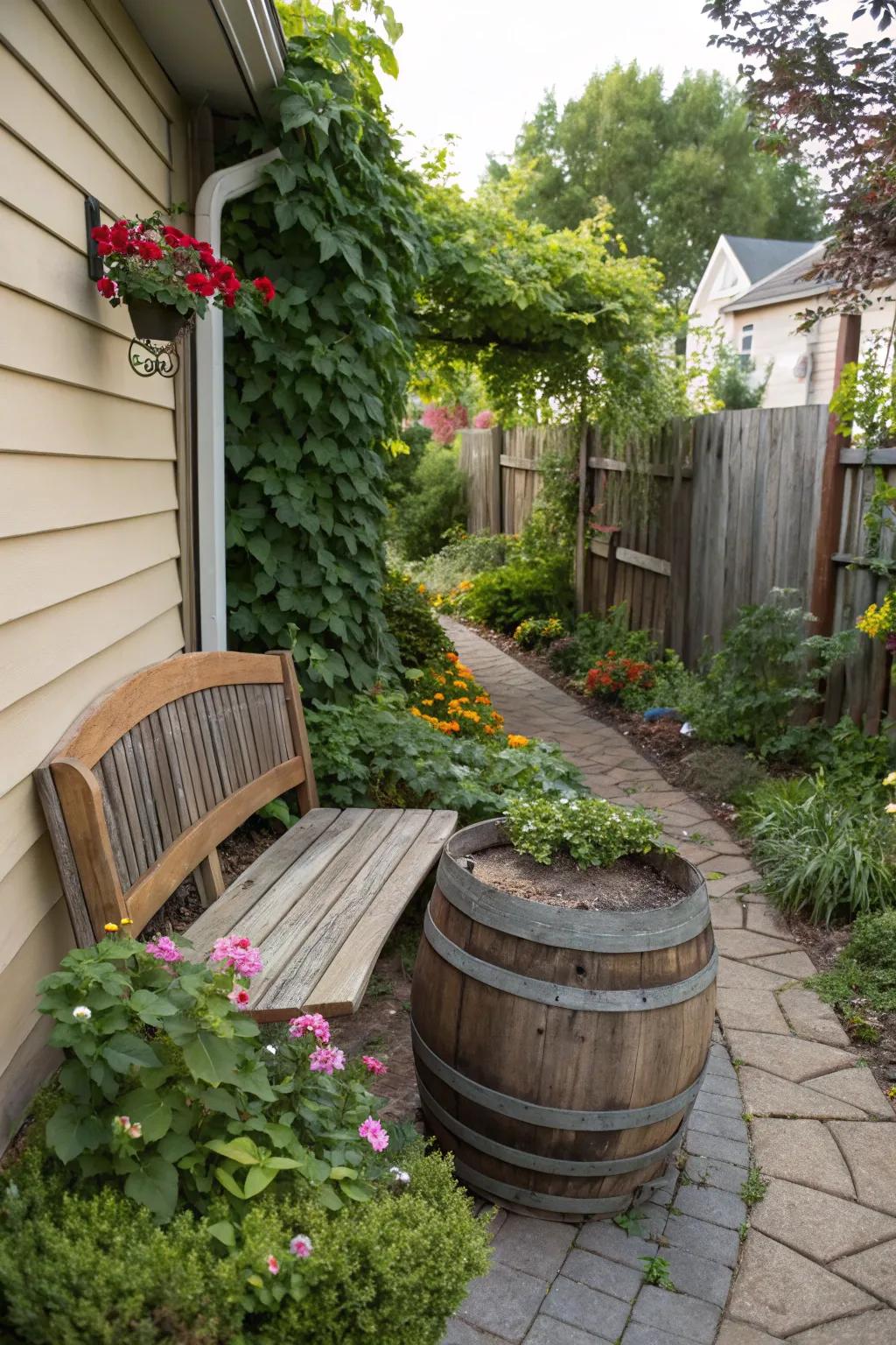 Add character to your garden with a wine barrel bench.