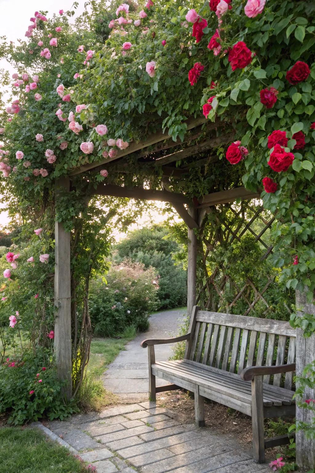 Create a romantic retreat with a bench under an arbor.