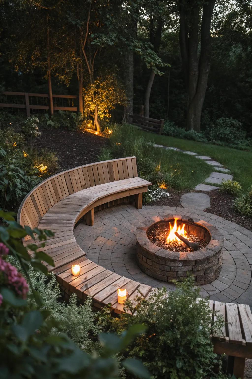 Enhance gatherings with a curved bench around a fire pit.