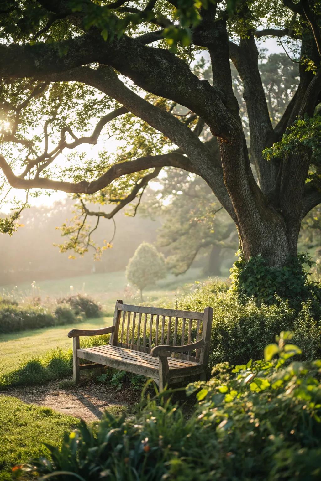 A classic wooden bench offers timeless elegance and comfort.