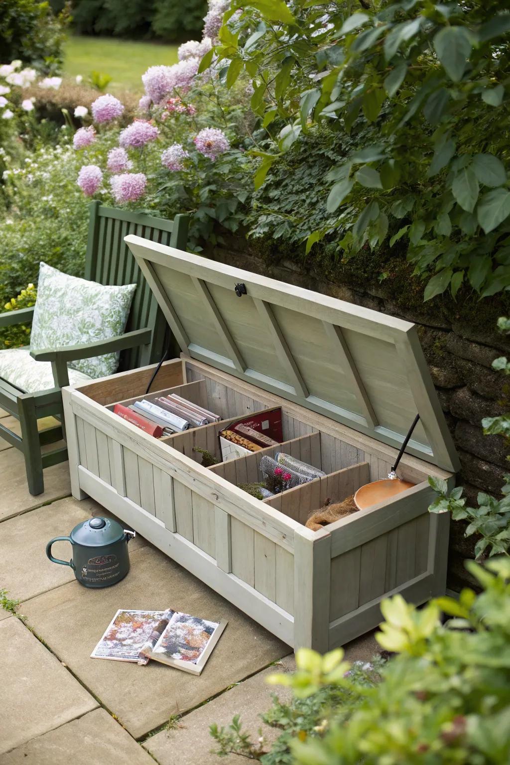 Keep your garden organized with a storage bench.