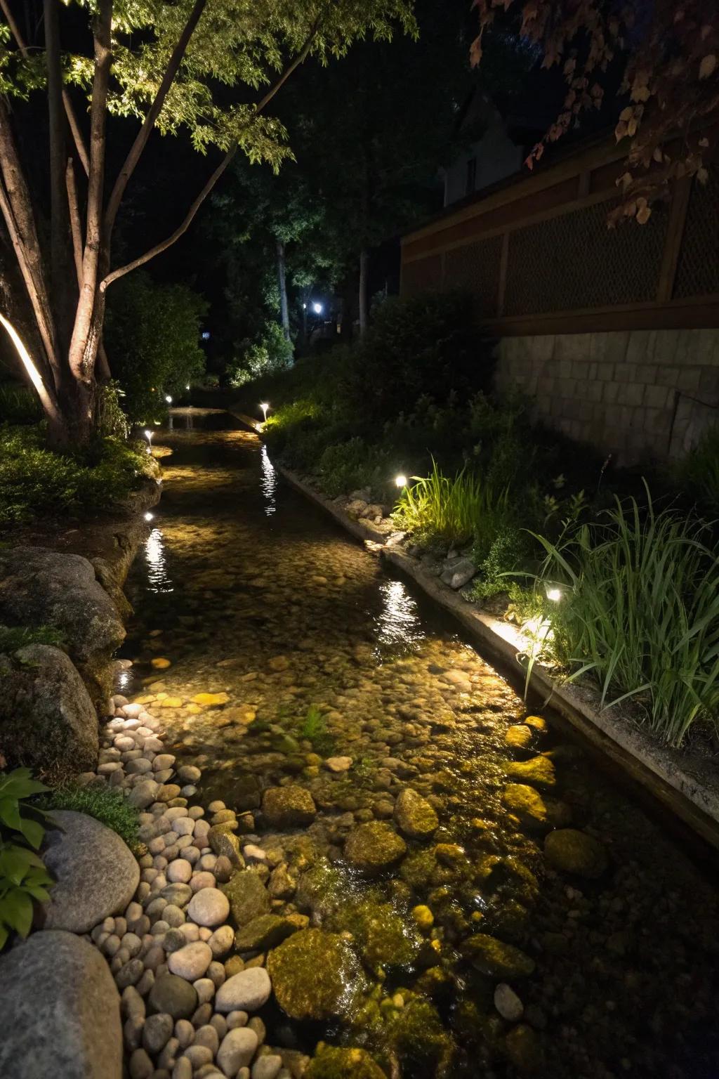 Lighting adds a magical touch to your stream at night.