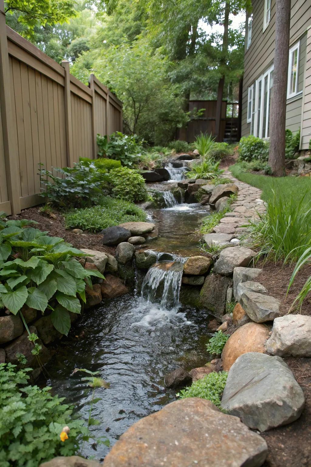 Small waterfalls add movement and a soothing sound to the stream.