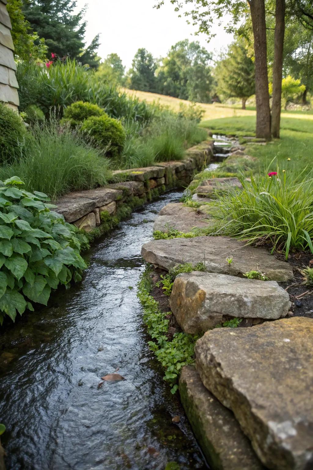 Natural stone edging enhances the rustic appeal of a backyard stream.