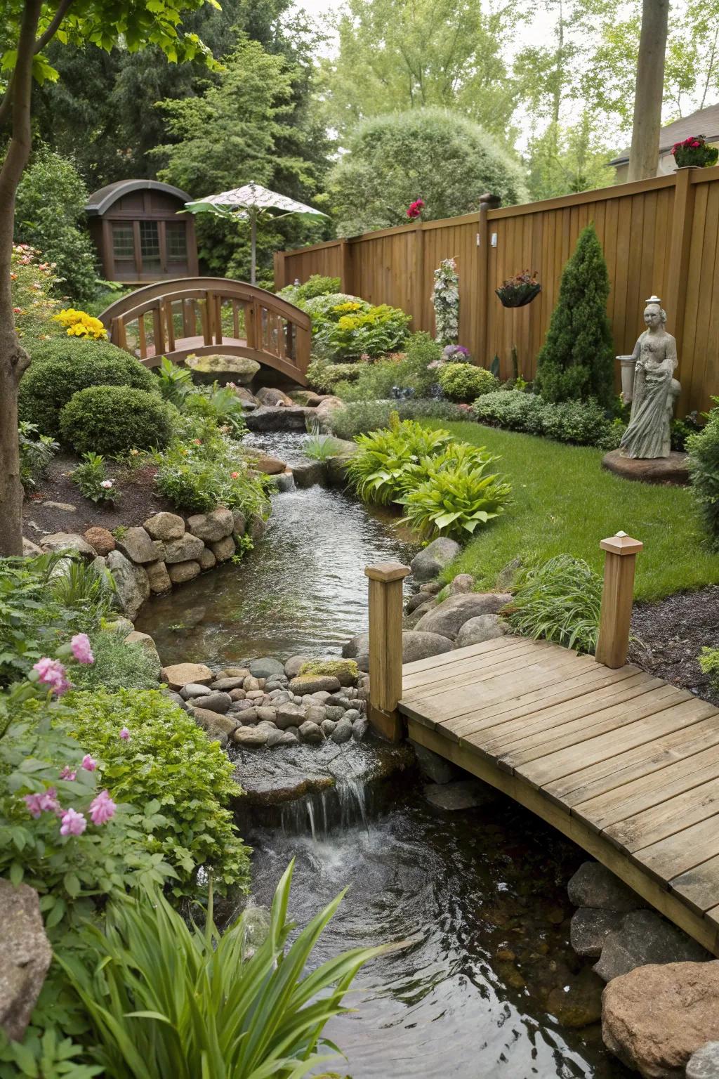 Garden ornaments enhance the stream's charm.