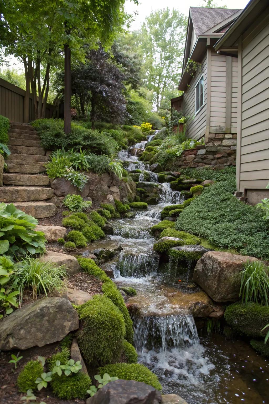 Cascading streams utilize slopes for dramatic effects.