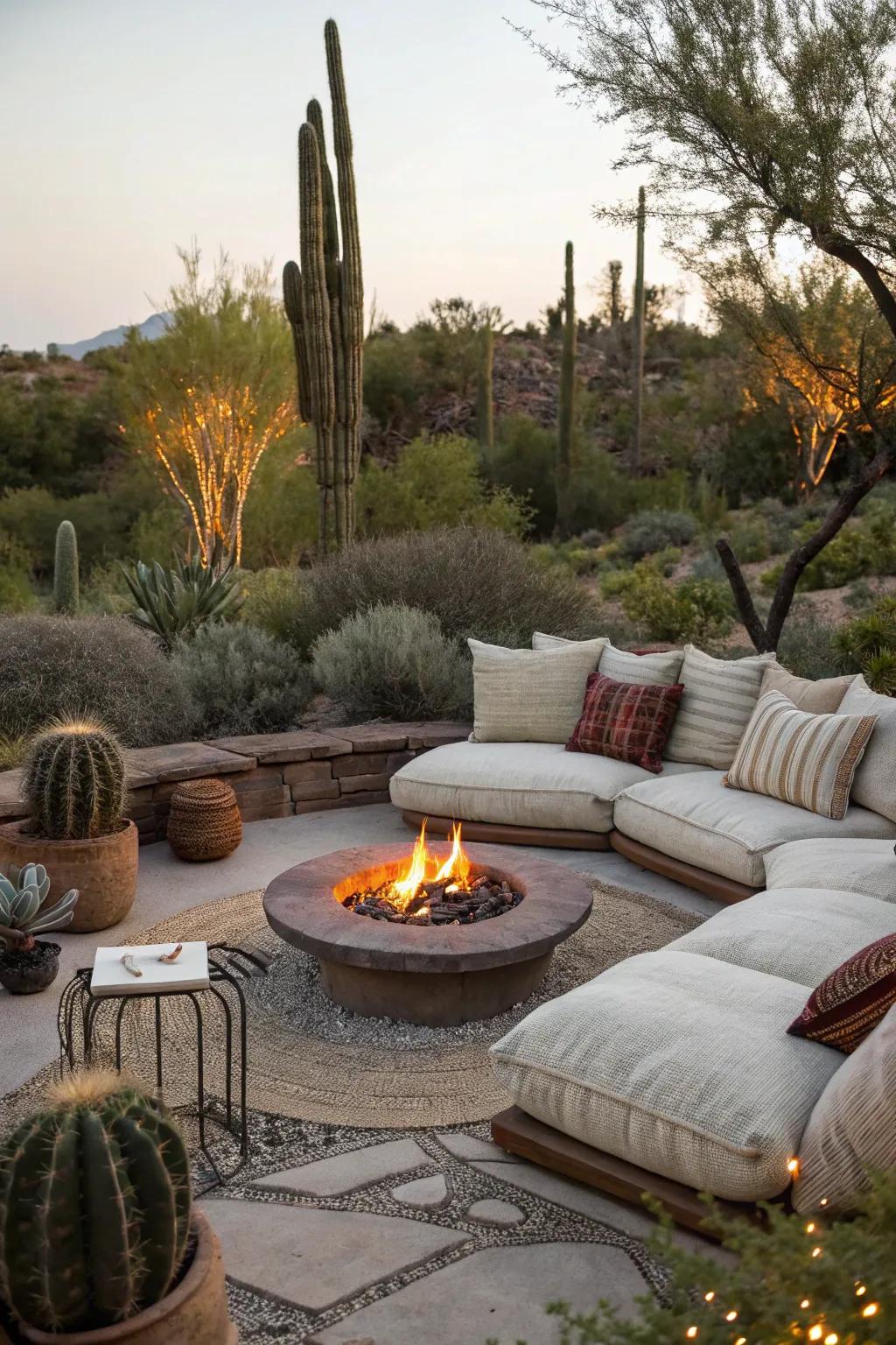 Cozy seating with a fire pit invites warm gatherings.