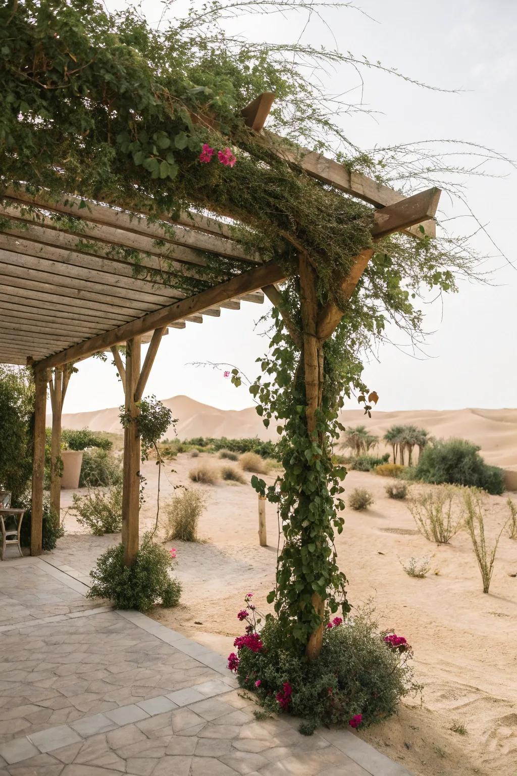 A pergola offers a cool retreat from the sun.