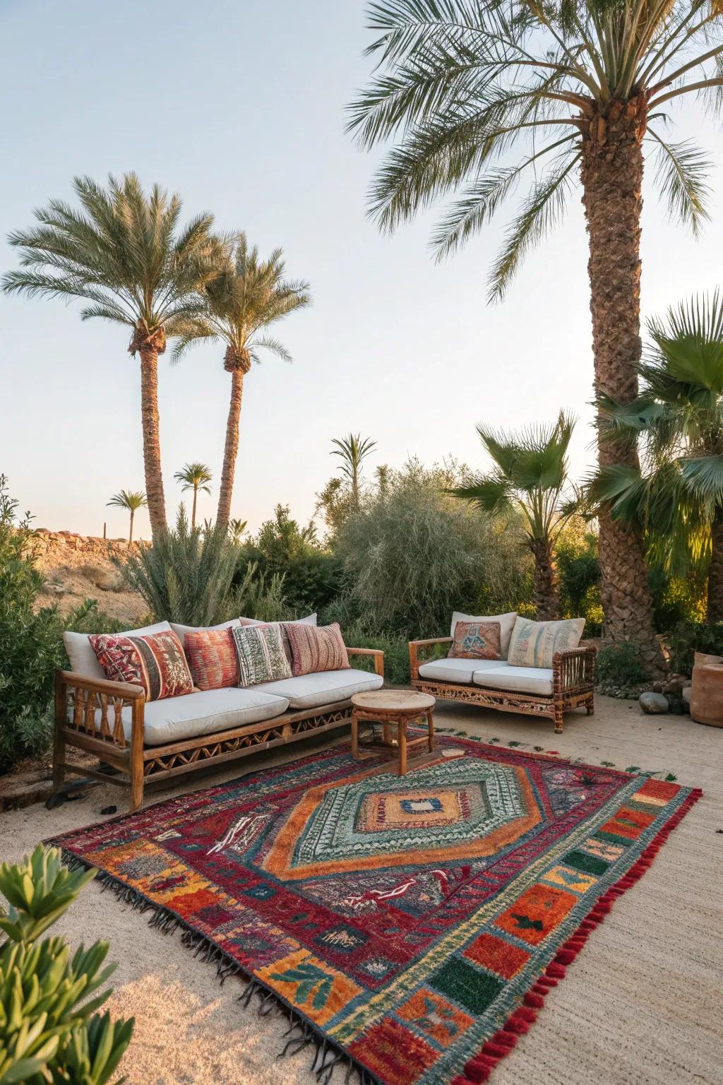 Colorful rugs define spaces and add warmth.