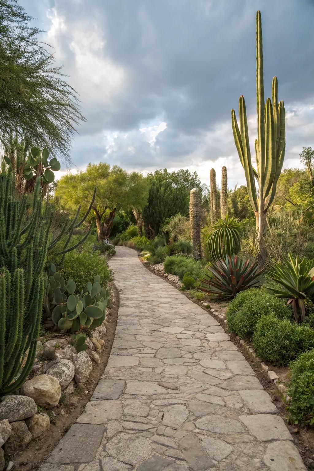 Stone pathways create a seamless garden flow.