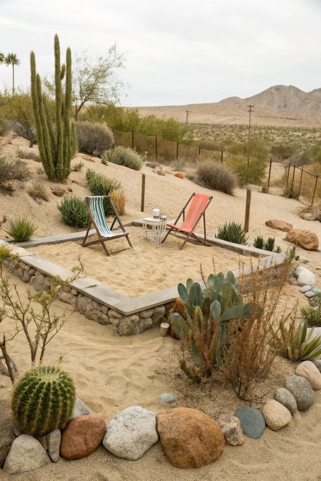 A sand pit adds a playful beach vibe.
