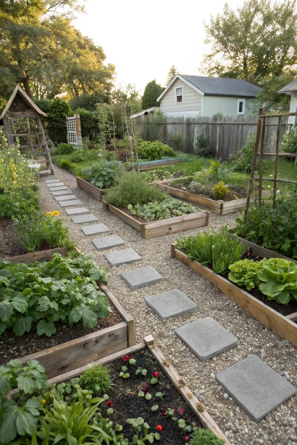 Gravel pathways winding through a vegetable garden.