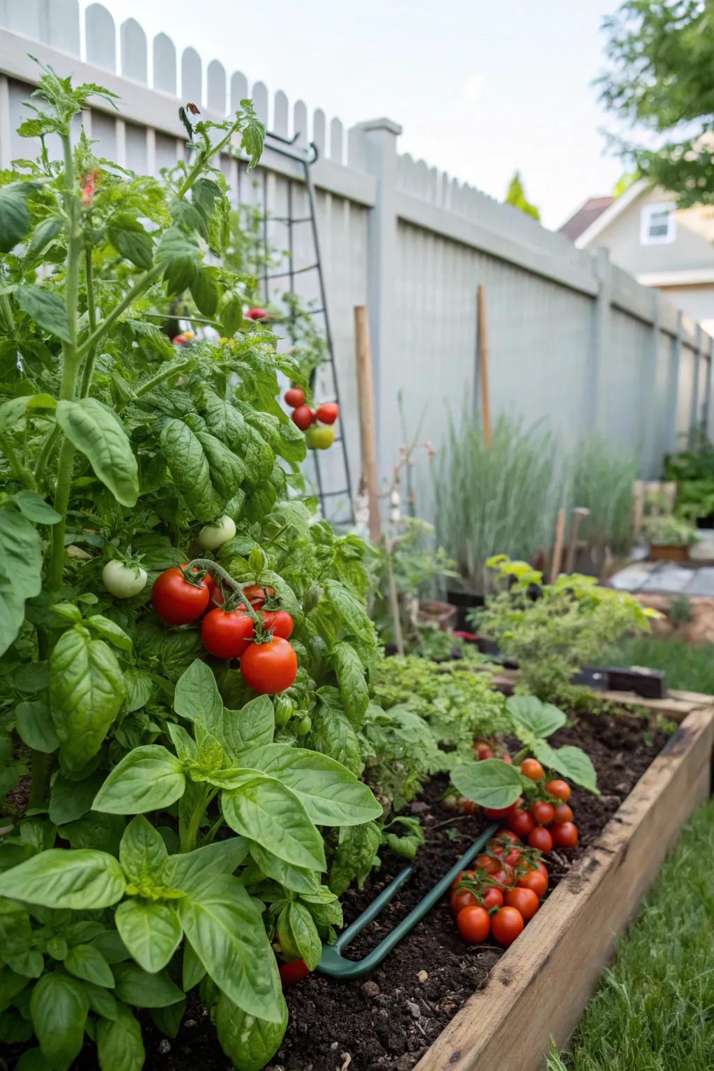 Tomatoes and basil thriving together in a garden.