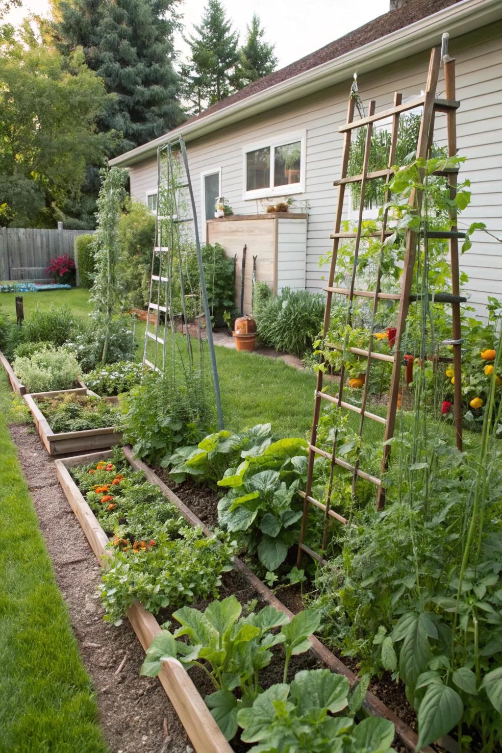 Vertical trellises supporting climbing vegetables.