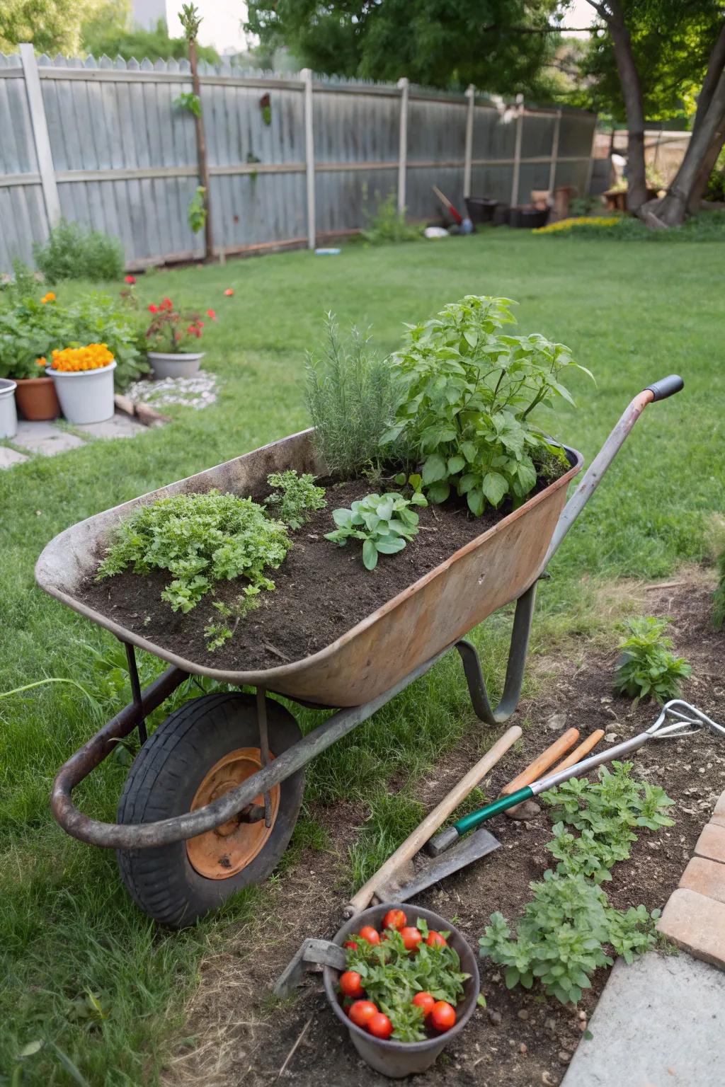 A wheelbarrow transformed into a charming herb garden.