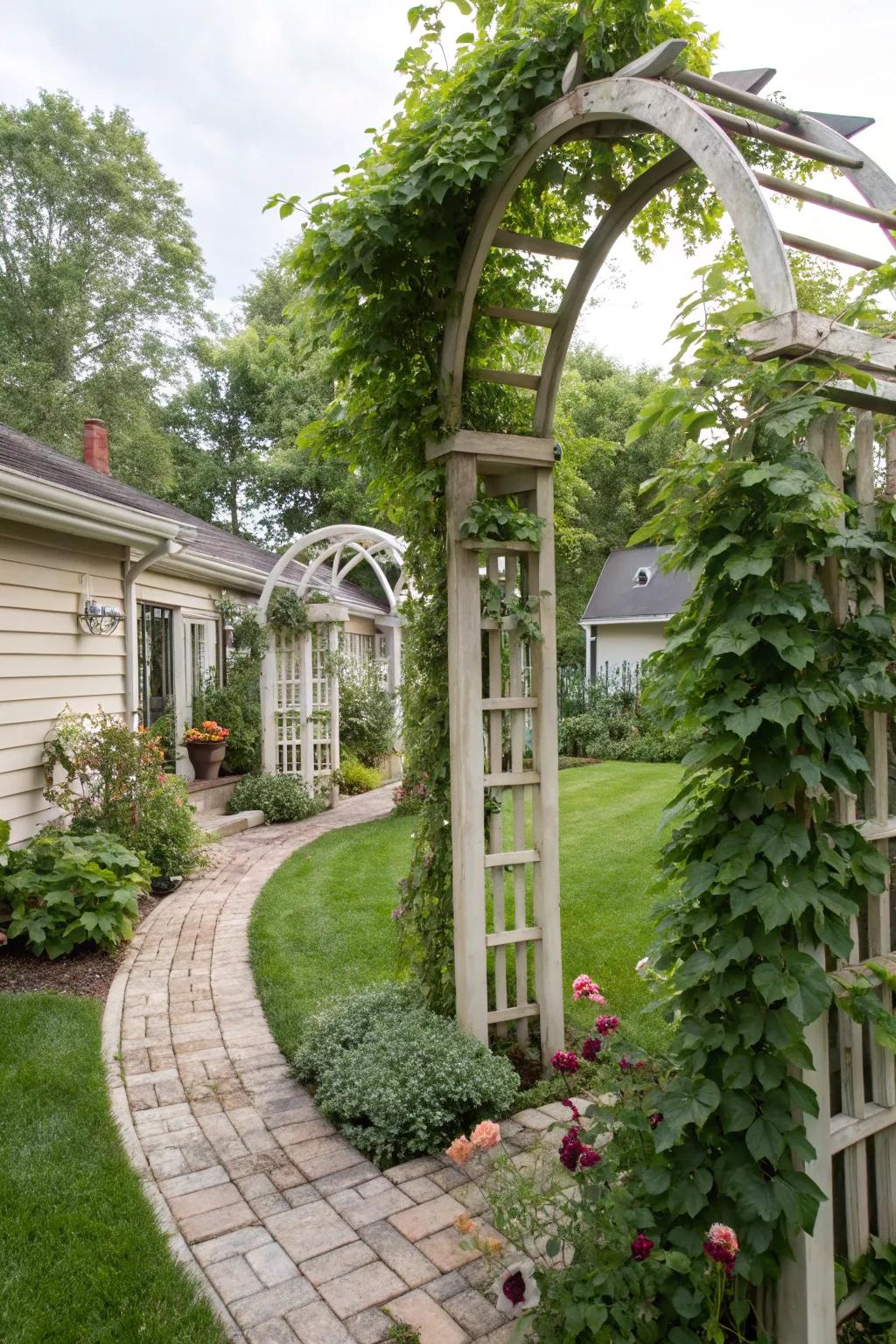 Decorative arches and trellises in a vegetable garden.
