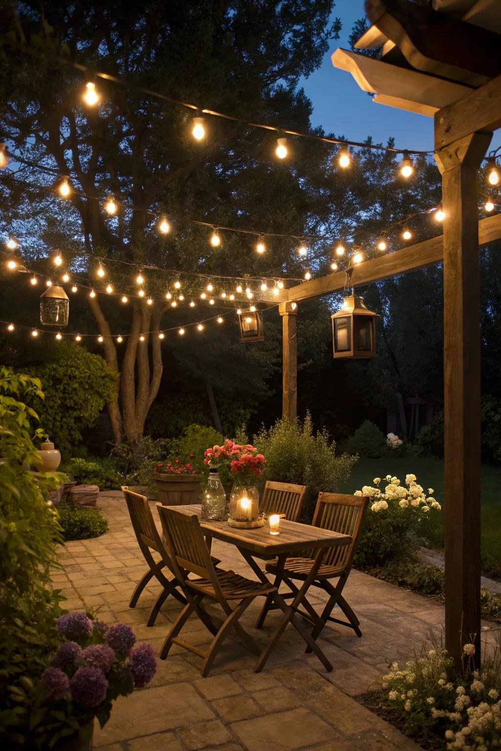 Warm lighting creates a magical evening ambiance.