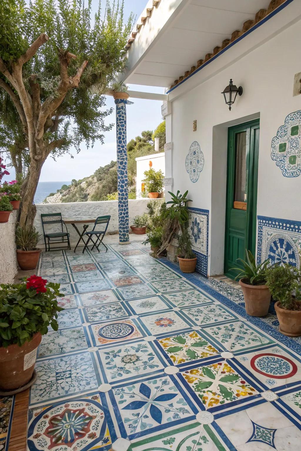 Greek tiles add artistic flair and color.