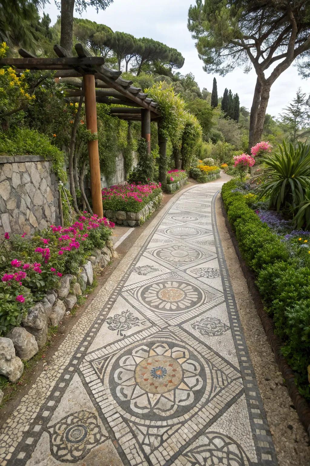 Intricate stone pathways add rustic charm.