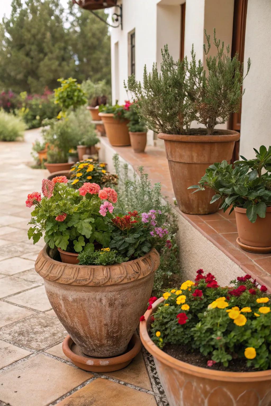 Terracotta pots enhance rustic charm.