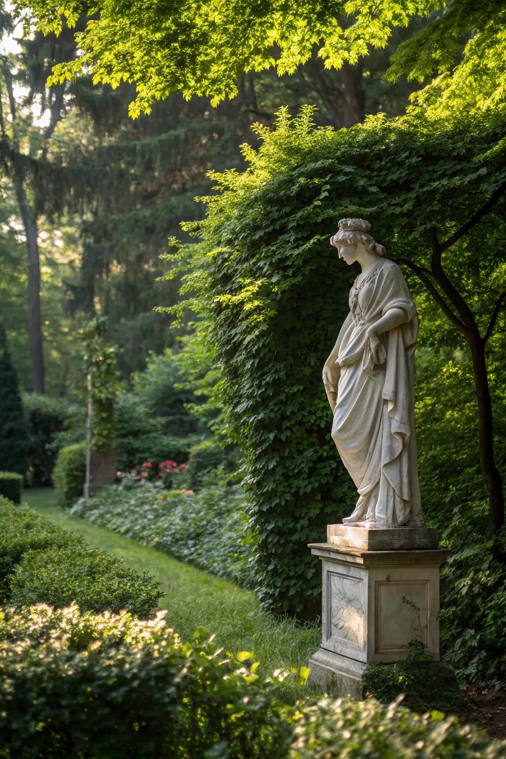 Greek statues add cultural richness and antiquity.