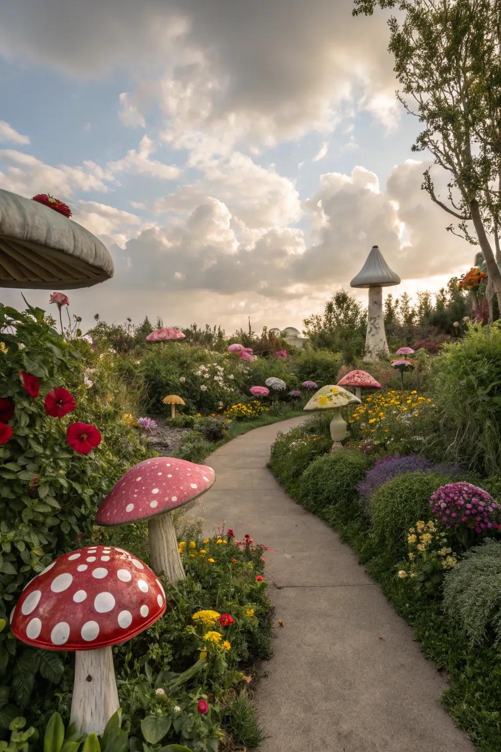 Mushroom accents add a playful charm to any garden.