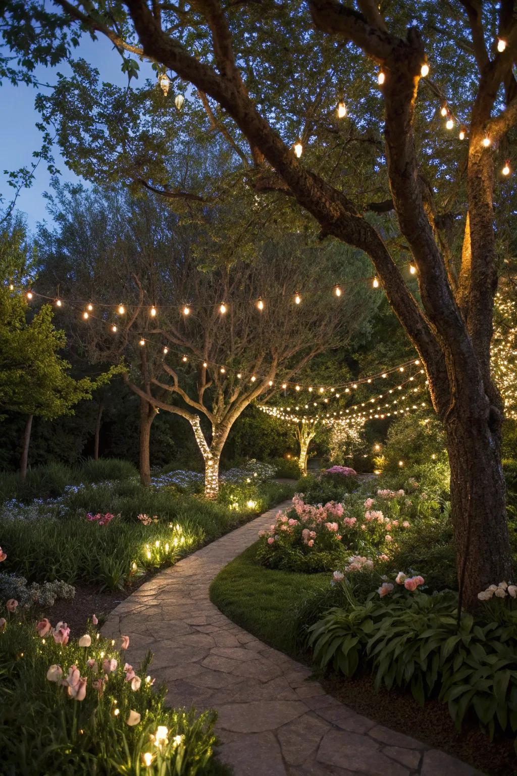 Twinkling lights create an enchanting ambiance under the stars.