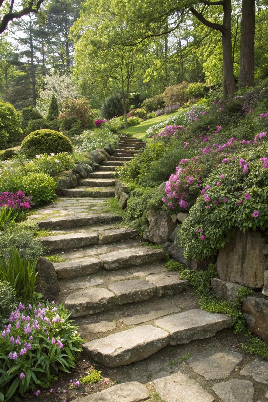 Stone elements provide texture and structure to garden paths.