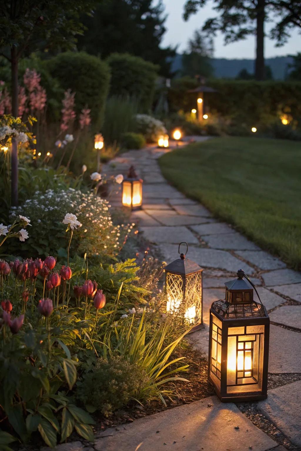 Lanterns provide a magical glow, perfect for twilight hours.