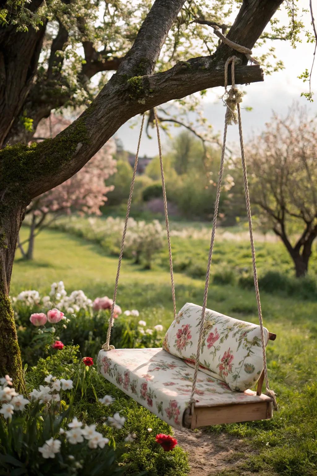 A swing adds a playful, nostalgic element to the garden.