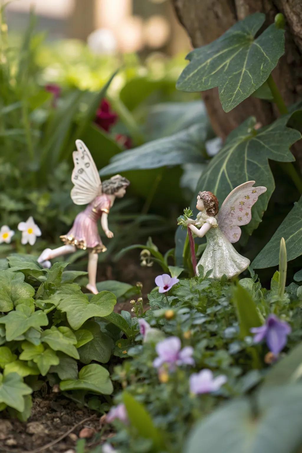 Tiny fairy figures add an enchanting touch to garden spots.